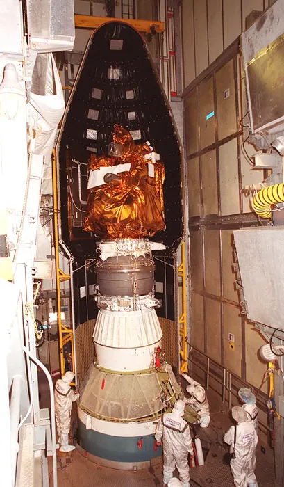 2001 Mars Odyssey being encapsulated in Delta II rocket fairing