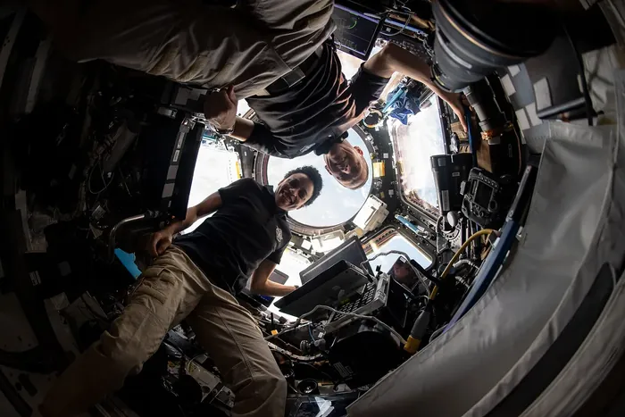 ISS 67 Astronauts Bob Hines and Jessica Watkins inside the cupola