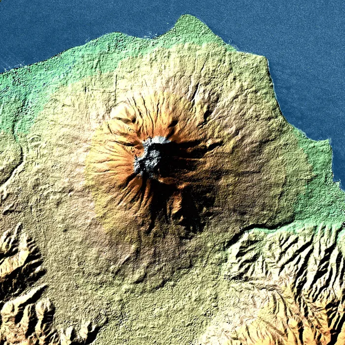 Koma-ga-take, an active volcano in Hokkaidō, Japan. Taken during space shuttle mission STS-99.