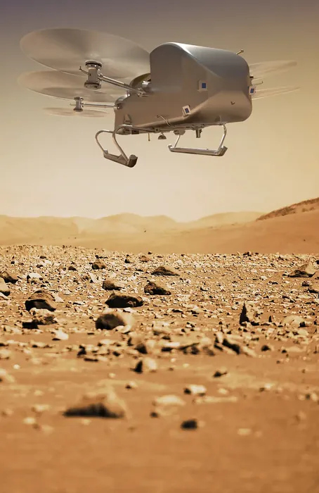 Artist's Impression Dragonfly in flight over Titan. IMAGE CREDIT: NASA/JOHNS HOPKINS APL/STEVE GRIBBEN