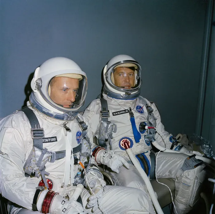 Gemini 6A astronauts ride the special van from the LC 16 suiting trailer to LC 19 at Cape Kennedy