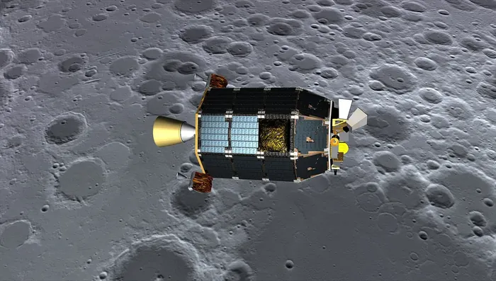 An artist's concept of NASA's Lunar Atmosphere and Dust Environment Explorer (LADEE) spacecraft seen orbiting near the surface of the moon