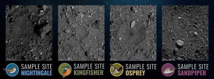 OSIRIS-REx images of the four candidate sample collection sites on asteroid Bennu: Nightingale, Kingfisher, Osprey and Sandpiper.