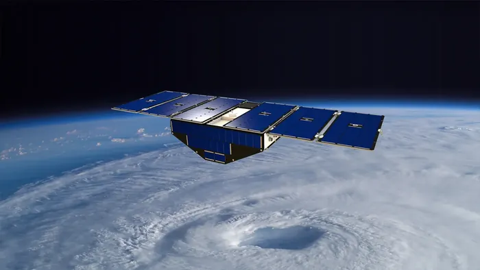 Artist's concept of one of the eight Cyclone Global Navigation Satellite System satellites deployed in space above a hurricane.