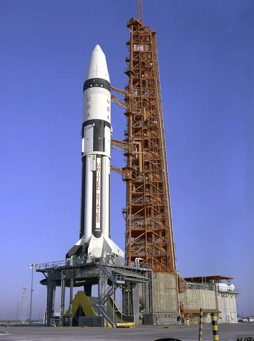 Saturn IB AS-204 awaits its liftoff from pad LC-37B, Cape Canaveral, Florida for the Apollo 5 mission.