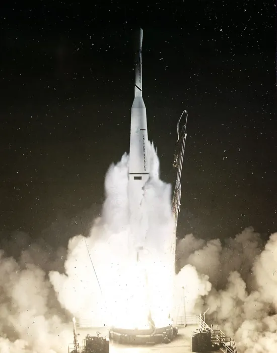 Night launch of Thor-Delta-5 rocket with TIROS 3 satellite (Television Infrared Observation Satellite) on July 12, 1961.
