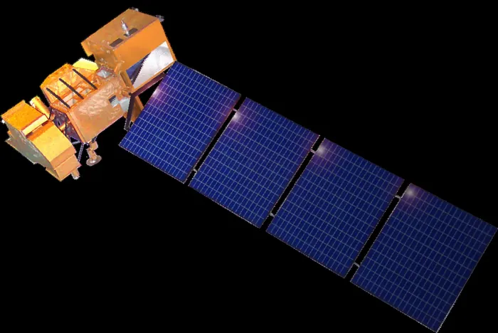 3D model of the Landsat 7 Earth observation satellite displaying its operational configuration with extended solar arrays.