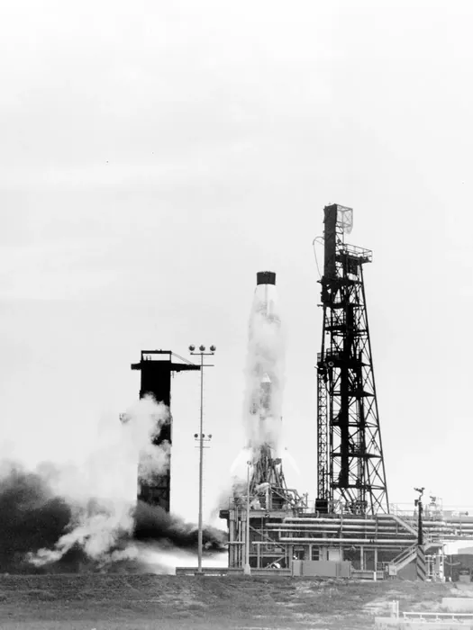 S62-06634 (1962) --- Static test firing of the Mercury-Atlas 8 (MA-8) Atlas 113D during preflight verification of launch vehicle systems. Photo…