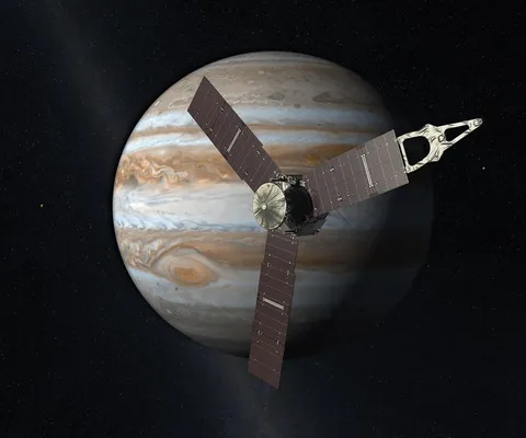 Artist rendition of JUNO orbiter at Jupiter. Note that Jupiter in this image may be mirrored from actuality.