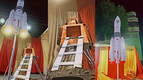 Model of ISRO’s GSLV Mk III rocket and Chandrayaan mission, created by the ASCARS team and presented during Durga Puja 2023 at Kameshwarganj, Bhiswa,…