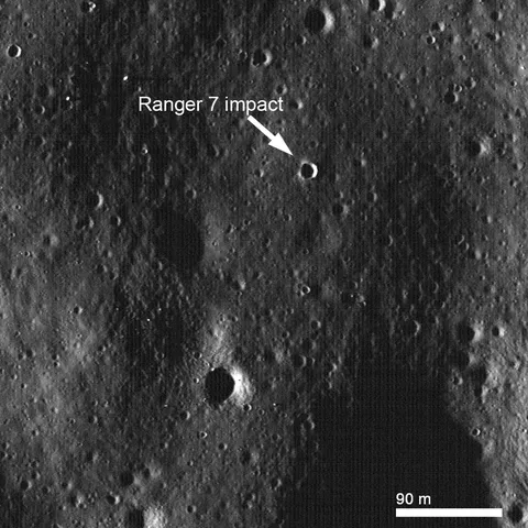 Low sun LROC NAC (M132963565R) of the Ranger 7 impact site. At low sun angle, the area appears densely cratered [NASA/GSFC/Arizona State University].