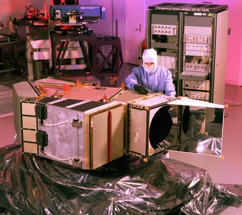 An engineer with the Landsat 7 ETM+ instrument in cleanroom.