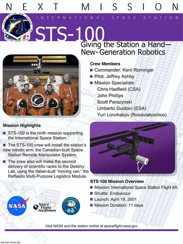STS-100 NASA Space Flight Awareness mission poster "Giving the Station a Hand - New-Generation Robotics"