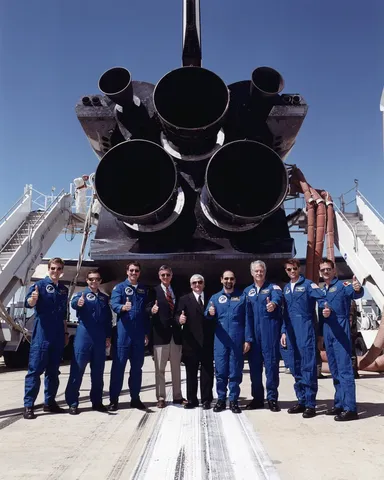 A happy "thumbs up" from the crew of the Space Shuttle Endeavour and NASA Dryden Flight Research Center officials heralded the successful completion…