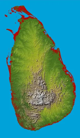 Topography of Sri Lanka, obtained from the Shuttle Radar Topography Mission of STS-99, aboard the Space Shuttle Endeavour. Heights below 10 meters…