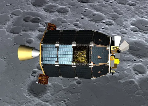 An artist's concept of NASA's Lunar Atmosphere and Dust Environment Explorer (LADEE) spacecraft seen orbiting near the surface of the moon.