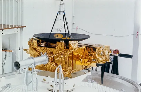 The Ulysses spacecraft undergoes testing at the vacuum spin balancing facility in ESTEC