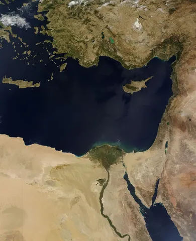 Eastern Meditteranean Sea showing Turkey, Syria, Lebanon, Israel, Jordan, Egypt, Libya, Crete, Cyprus etc from the Terra Satellite.