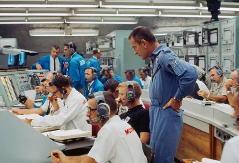 View of Mission Control Center at Cape Kennedy, Florida, moments after the Gemini 5 spacecraft was launched from Pad 19
