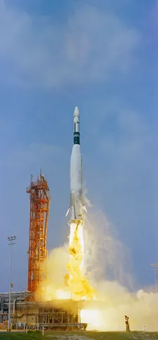 S66-34098: The launch of Agena GATV-5004 from LC-14 on Atlas TLV-5303 on May 17, 1966. Unfortunately the Agena failed to achieve orbit.
