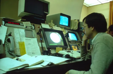 Ground stations at Goddard and VILSPA controlled IUE. Goddard’s console is shown with observer Gary Ferland. The model IUE was used to visualize its…