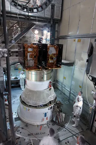 GRAIL space probes on top of the second stage of their Delta IIH before encapsulation
