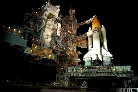 Space Shuttle Columbia on launch pad 39-B at Kennedy Space Center after the rollback of the Rotating Service Structure.