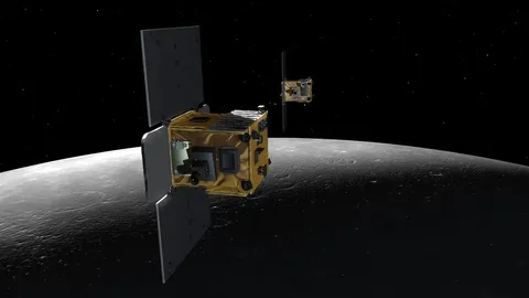 Illustration of GRAIL spacecraft over the Moon