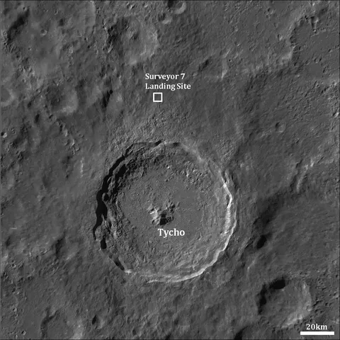 WAC context image of Tycho and the Surveyor 7 landing site [NASA/GSFC/Arizona State University].