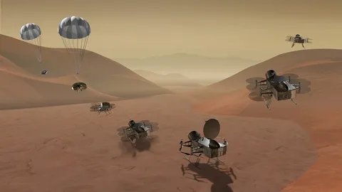 NASA graphic showing Dragonfly mission arriving on Saturn's moon Titan, and flying in its atmosphere.