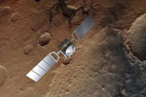 Artist's impression of Mars Express. The background is based on an actual image of Mars taken by the spacecraft's high resolution stereo camera.
