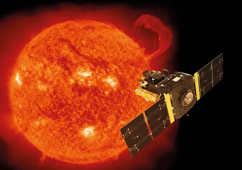 Artist’s impression of the ESA/NASA Solar and Heliospheric Observatory, SOHO, with the Sun as seen by the satellite’s extreme-ultraviolet imaging…