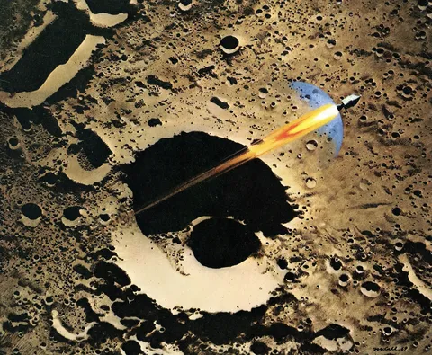Oil on panel by Robert McCall. The Apollo 8 spacecraft fires it's engines to propel it out of lunar orbit and the return trip to Earth. This is NASA,…