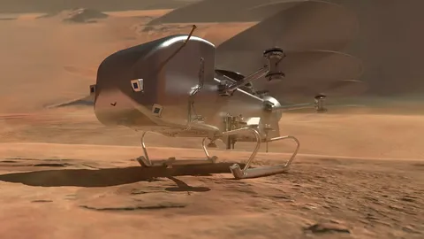 Artist's Impression Dragonfly moving between study sites on Titan. IMAGE CREDIT: NASA/JOHNS HOPKINS APL/STEVE GRIBBEN