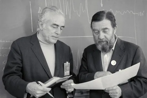 Dr. John A. Simpson and Dr James Van Allen discuss Pioneer 11 Mission to Juiter and Saturn during morning briefing.