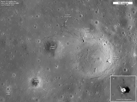 The Apollo 12 landing site imaged by the Lunar Reconnaissance Orbiter in 2011, showing the footprints and hardware left by astronauts Pete Conrad and…