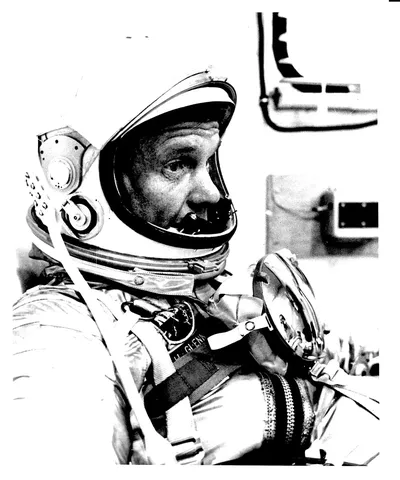 Original caption: CAPE CANAVERAL, FLA. - Closeup of Astronaut John H. Glenn, Jr. in spacesuit prior to MA-6 launch.