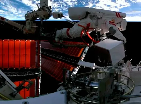 Astronaut Fei Junlong of Shenzhou-15 crew performing spacewalk on Tiangong Space Station on February 9, 2023.