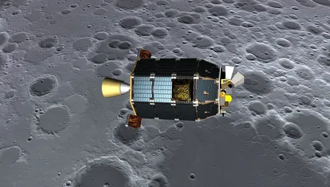 An artist's concept of NASA's Lunar Atmosphere and Dust Environment Explorer (LADEE) spacecraft seen orbiting near the surface of the moon