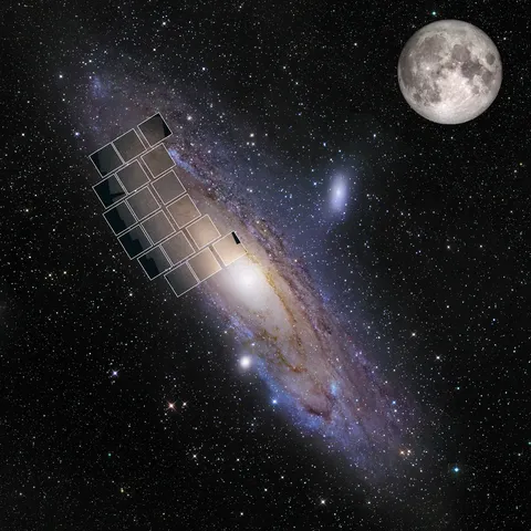 A composite figure of the Andromeda galaxy (M31) highlights the extremely large field of view of NASA’s upcoming Wide Field Infrared Survey Telescope…