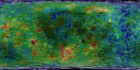 Lunar Prospector Epithermal Neutron count. Red is low hydrogen abundance, blue is high.