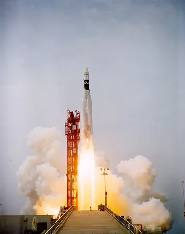 An Augmented Target Docking Adapter ATDA atop an Atlas launch vehicle is launched from Cape Kennedy's Pad 14 at 10 a.m., June 1, 1966. The ATDA is a…