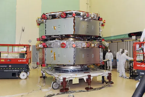 MMS observatories 1 and 2 stacked for shock testing