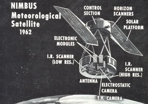 Artist's conception of NIMBUS meteorological satellite system. In: Plan for aNational Meteorological Satellite System, produced by the National…