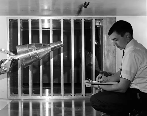 Gemini spacecraft design being tested in the Unitary Plan Wind Tunnel at the NASA Langley Research Center in Hampton, Virginia, USA. Center Number:…