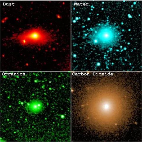 These observations by NASA’s SPHEREx show the infrared light emitted by the dust, water, organic molecules, and carbon dioxide contained within comet…