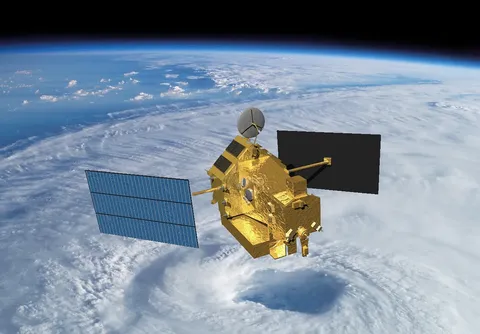 Visualization of the TRMM satellite in space over a tropical cyclone.