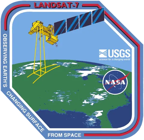The Landsat 7 mission patch featured an drawing of the Landsat 7 satellite collecting data over the U.S. as well as the USGS and NASA logos.