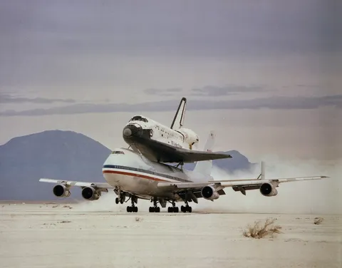 Shuttle Columbia and Shuttle Carrier Aircraft take off from White Sands Northrup Strip