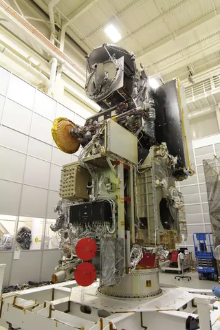 The GPM Microwave Imager (GMI) integrated on the GPM Core Observatory in a cleanroom at Goddard Space Flight Center.